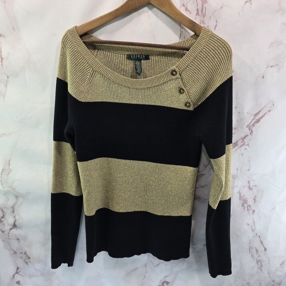 LRL Ralph Lauren Sweater Womens Large Beige Tan Gold Stripe Shimmer Metallic